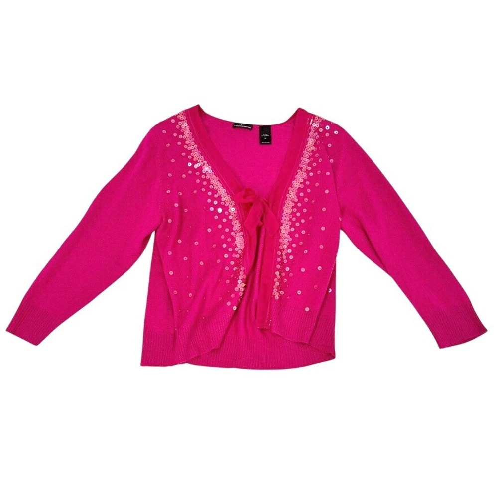 Vtg MODA INTERNATIONAL Pink Sequin Embellished Silk Cashmere Cardigan Sweater XL